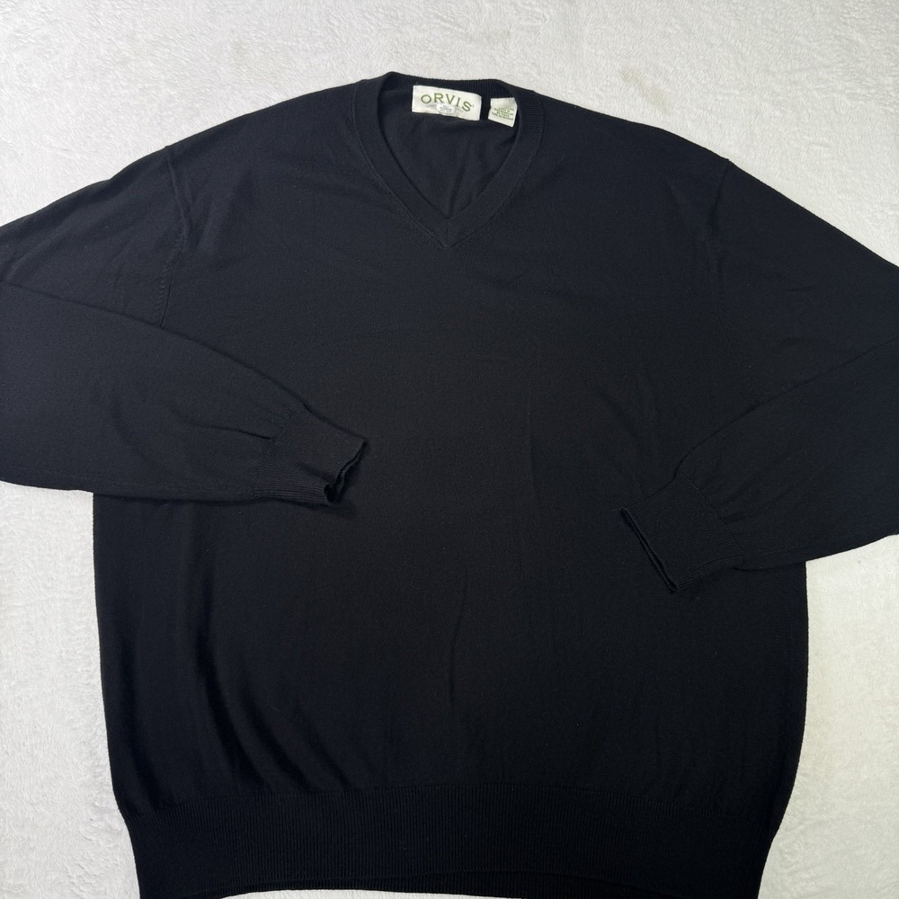 Orvis Sweater Mens Large Black Cotton Silk Cashmere V Neck Lightweight